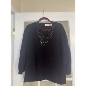 alfred dunner women’s black v neck studded blouse long sleeve fancy size 3XL